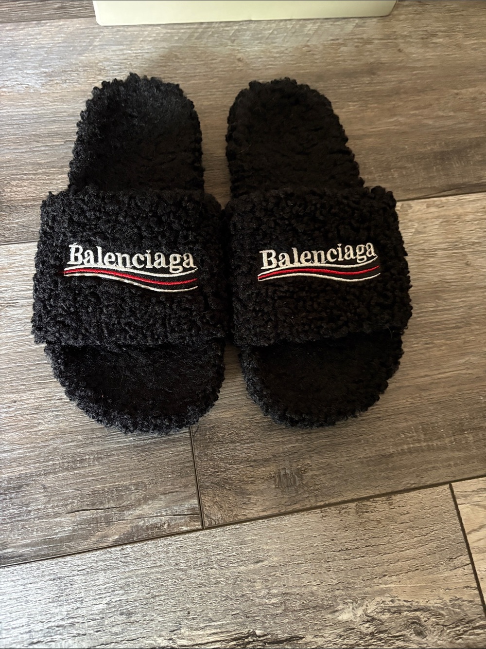 Balenciaga Black fur Slide with Embroidered Balenciaga logo